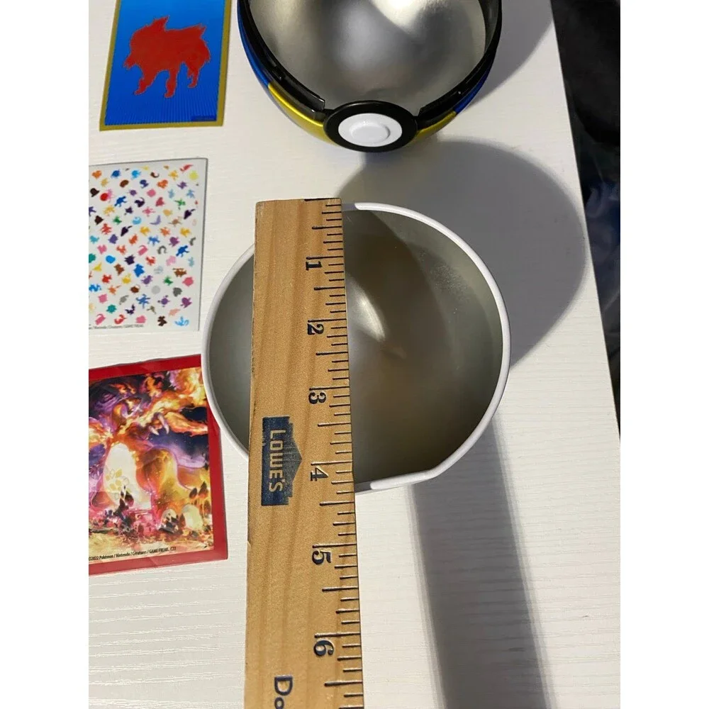 Pokemon Empty Quick Ball Tin Blue Gold with 11 Mixed Trading Card Sleeves Lot
